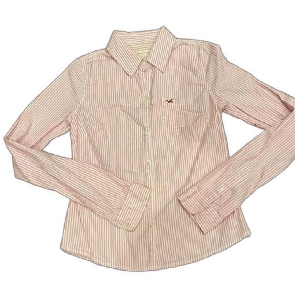 Hollister Women's Button Front Preppy Shirt Red White Size Medium